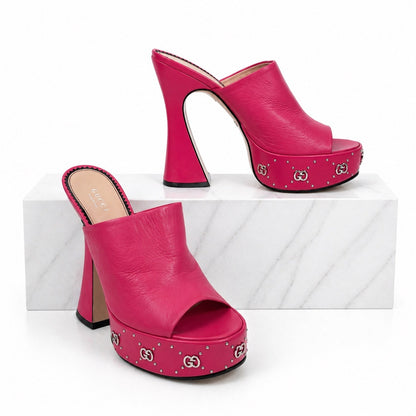 Gucci GG Studs Leather Platform Slide Sandal Rhodamine Pink Size 40