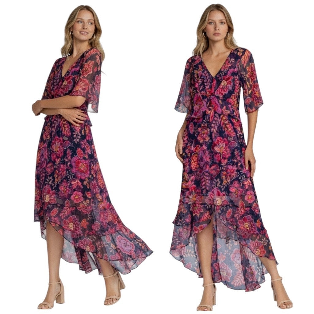 Johnny Was Jade Luxee Floral Silk Ruffle Maxi Dress Petria Pink Size XS