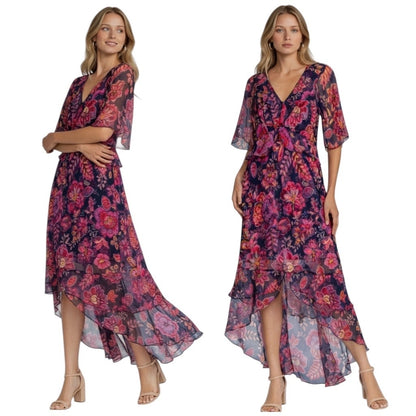 Johnny Was Jade Luxee Floral Silk Ruffle Maxi Dress Petria Pink Size XS