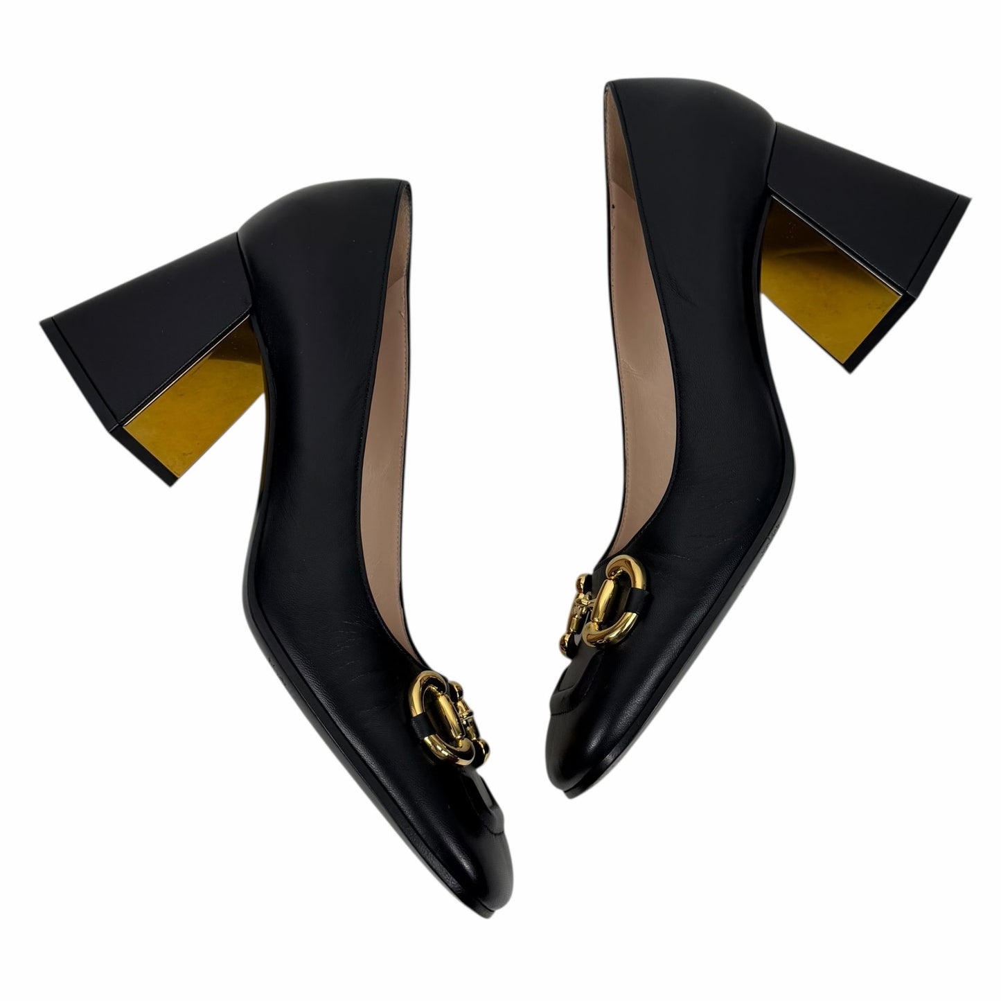 Gucci Horsebit Square Toe Leather Pump Block Heel Black Gold Size 41