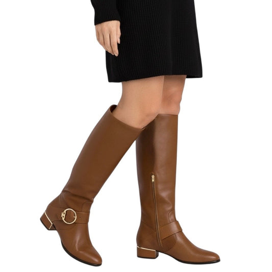 Tory Burch Sofia Tall Riding Boots Leather Logo Festive Brown Size 7