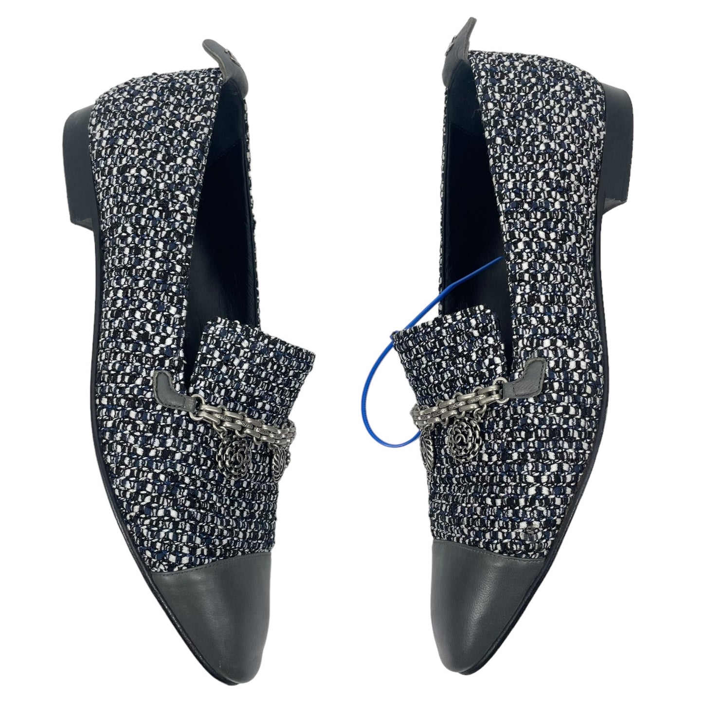 Chanel Tweed Lambskin Cap Toe Charm Smoking Loafers Blue Gray Size 40.5