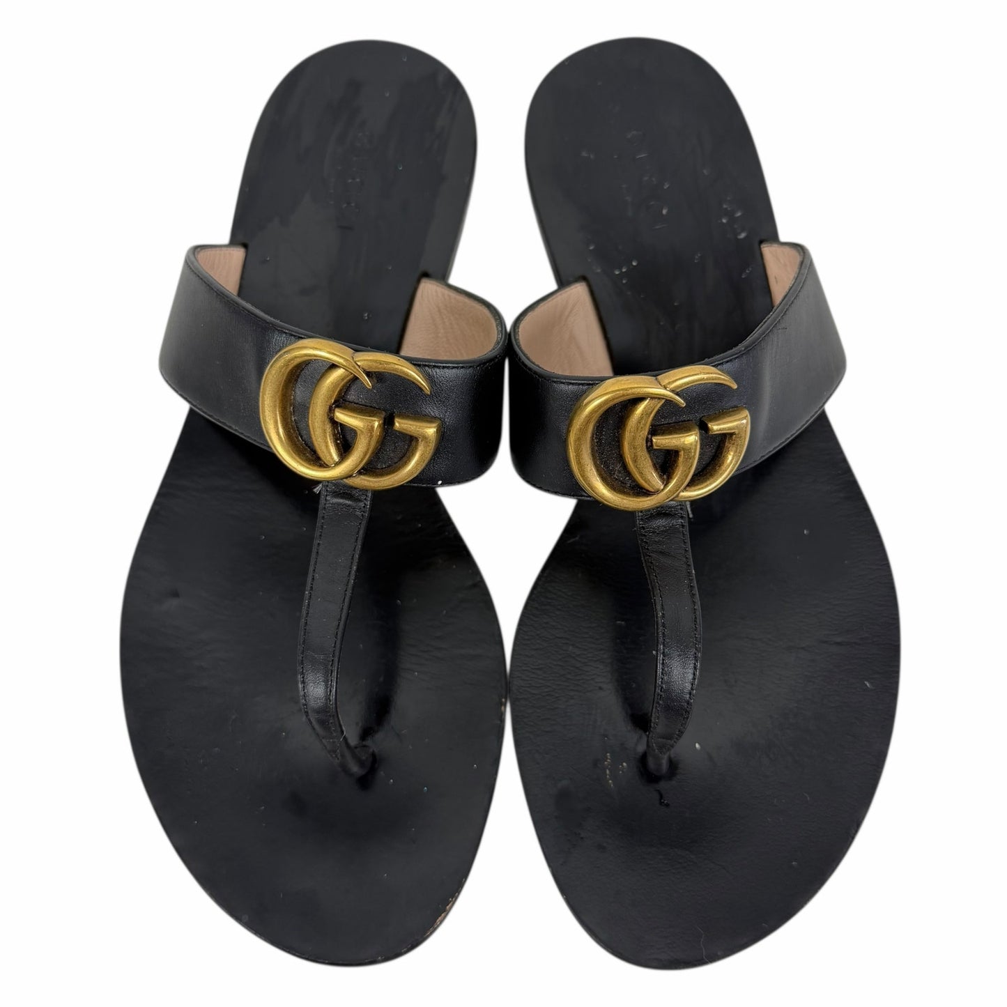 Gucci Black Leather Thong Sandal Gold Double G Logo Size 36.5