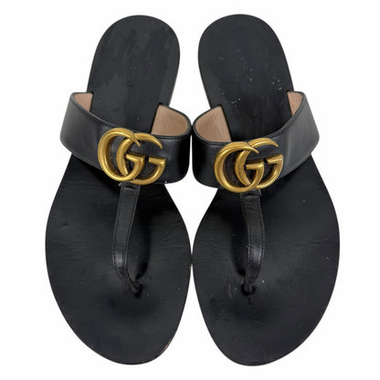 Gucci Black Leather Thong Sandal Gold Double G Logo Size 36.5