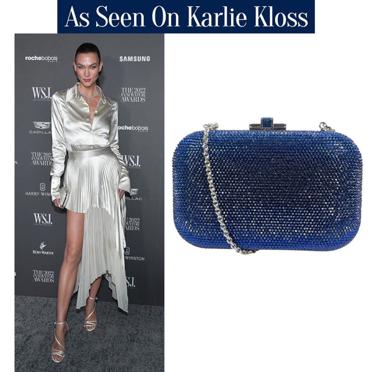 Judith Leiber Crystal Slide Lock Box Minaudiere Clutch Bag Navy Silver