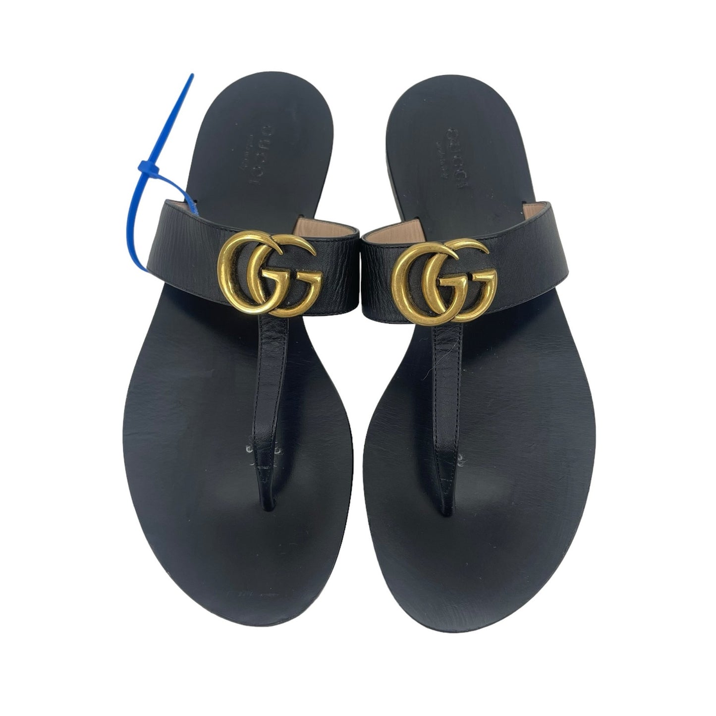 Gucci Leather Thong Sandals with Double G Logo Black Gold Size 37.5