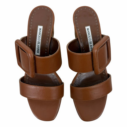 Manolo Blahnik Titubanew Leather Open Toe Mule Sandal Brown Size 37
