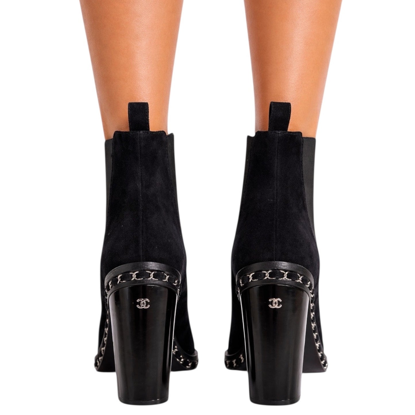 Chanel Interlocking CC Logo Heel Chain Suede Ankle Boots Black Size 40