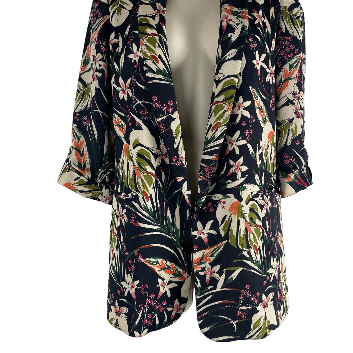 Zara Satin Floral Printed Open Front Long Blazer Jacket Green Size XS