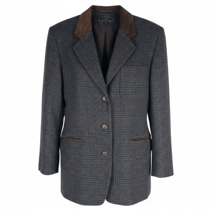Express Suede Collar Wool Plaid Blazer Jacket Suede Gray Brown Size L