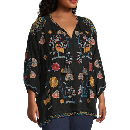 Johnny Was Mayson Floral Embroidered Tunic Top Black Size L