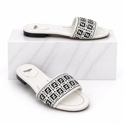 Fendi Rafia Weave Logo Leather Slide Sandal White Black Size 38.5