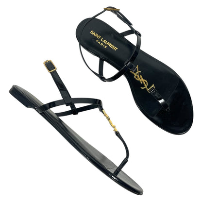 Saint Laurent Cassandra Patent YSL Thong Slide Sandal Black Gold Size 39.5