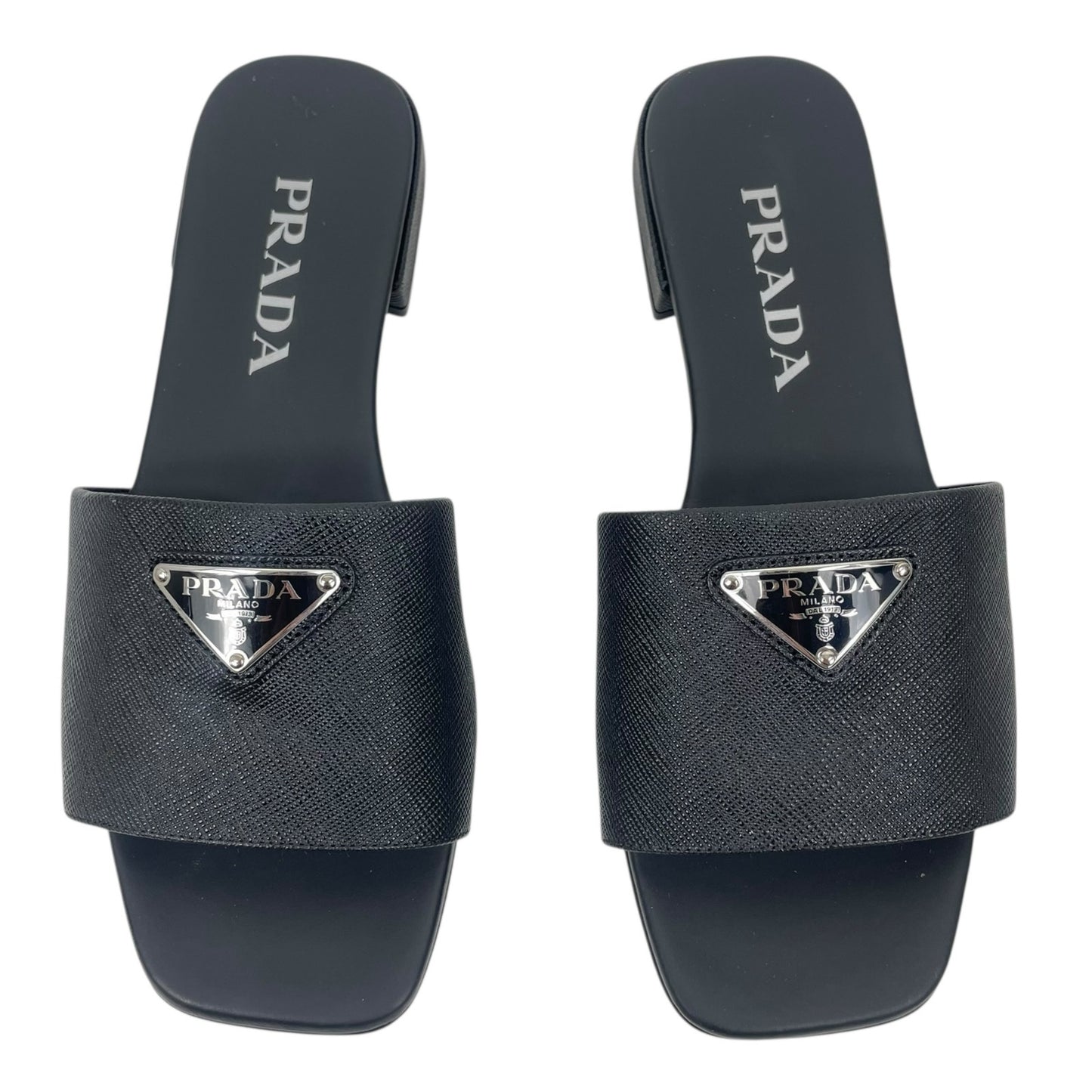 Prada Saffiano Triangle Logo Plaque Slide Flat Sandal Black Size 36.5