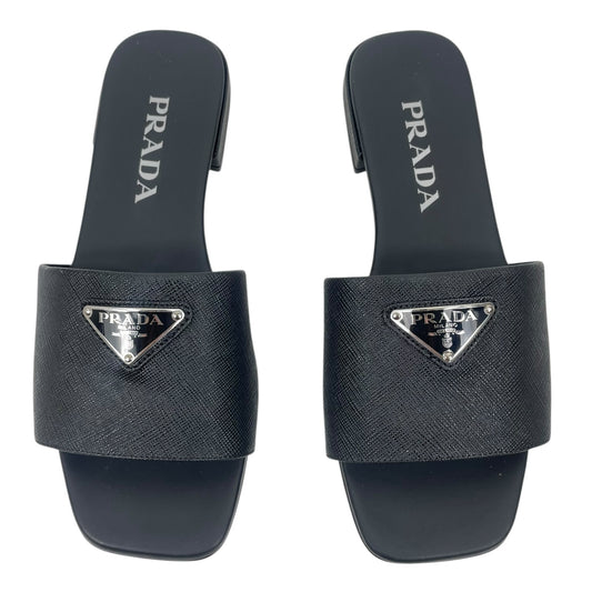 Prada Saffiano Triangle Logo Plaque Slide Flat Sandal Black Size 36.5