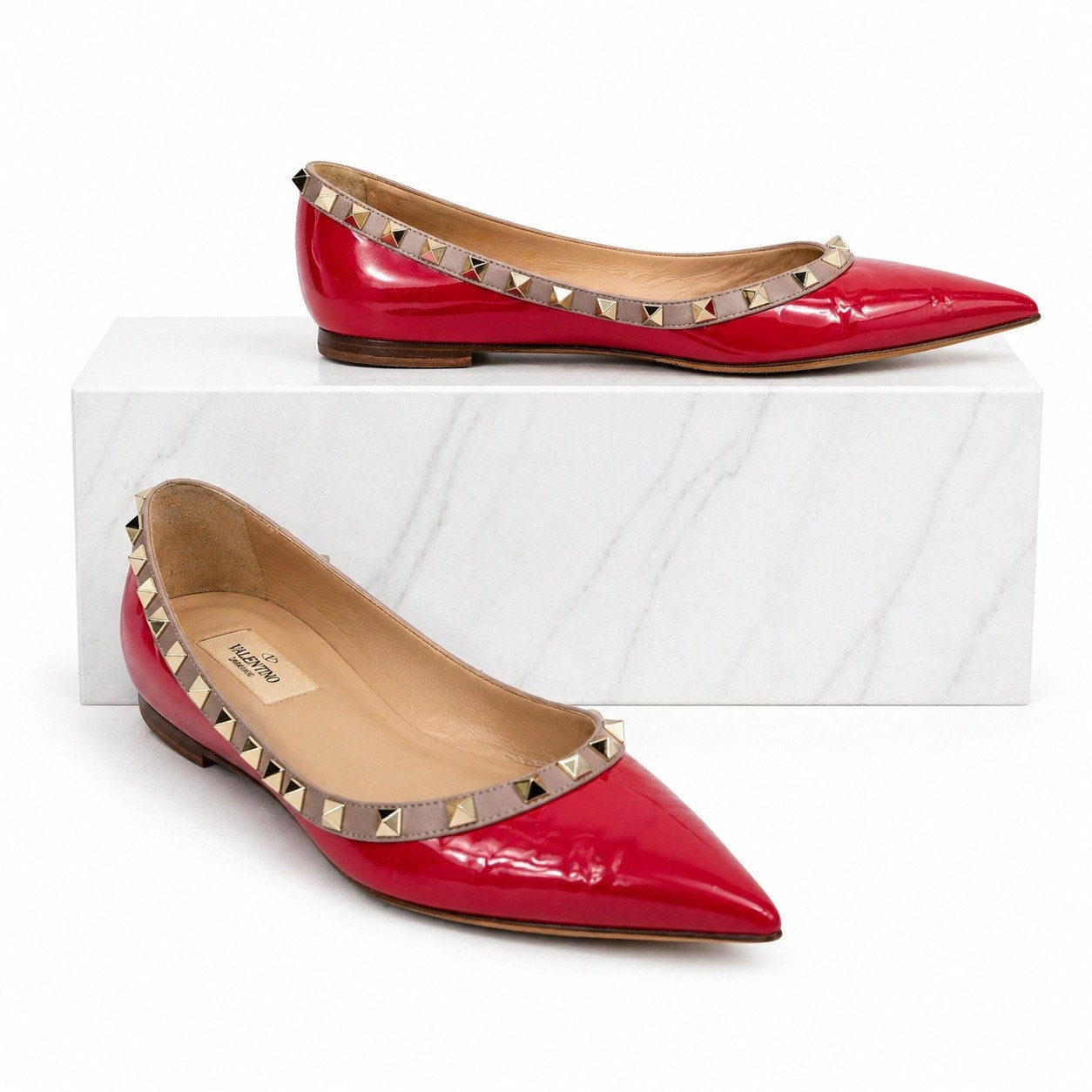 Valentino Garavani Rockstud Two Tone Poined Toe Flats Red Pink Size 40