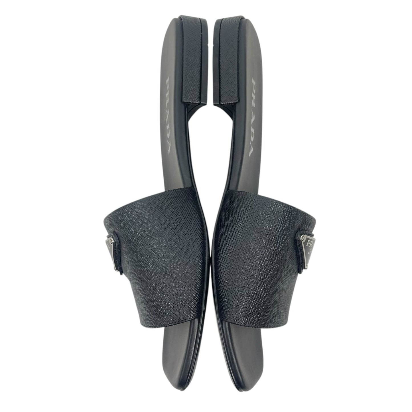 Prada Saffiano Triangle Logo Plaque Slide Flat Sandal Black Size 36.5