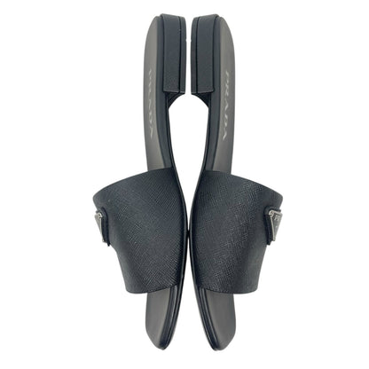 Prada Saffiano Triangle Logo Plaque Slide Flat Sandal Black Size 36.5