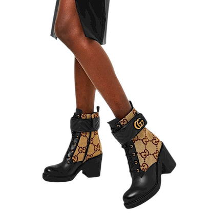 Gucci Flores Calfskin Monogram Double GG Ankle Boots Camel Ebony Size 36
