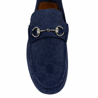 Gucci Byorn Guccisima Horsebit Suede Driver Loafer Blue Size 11/US 11.5