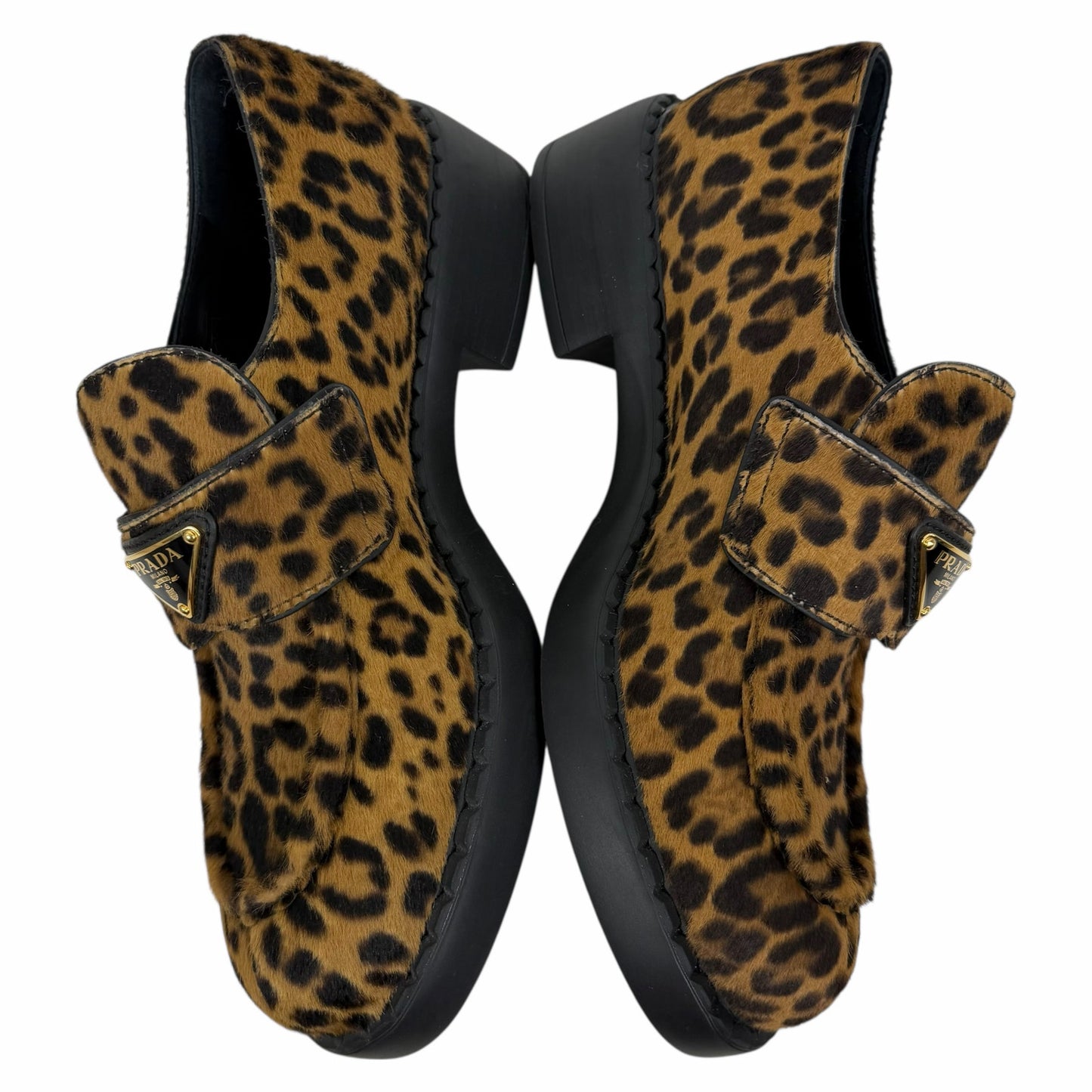 Prada Enamel Triangel Logo Leopard Printed Leather Loafer Brown Size 38.5