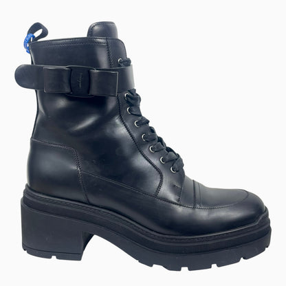 Salvatore Ferragamo Vara bow Lace Up Leather Combat Boots Black Size 9.5