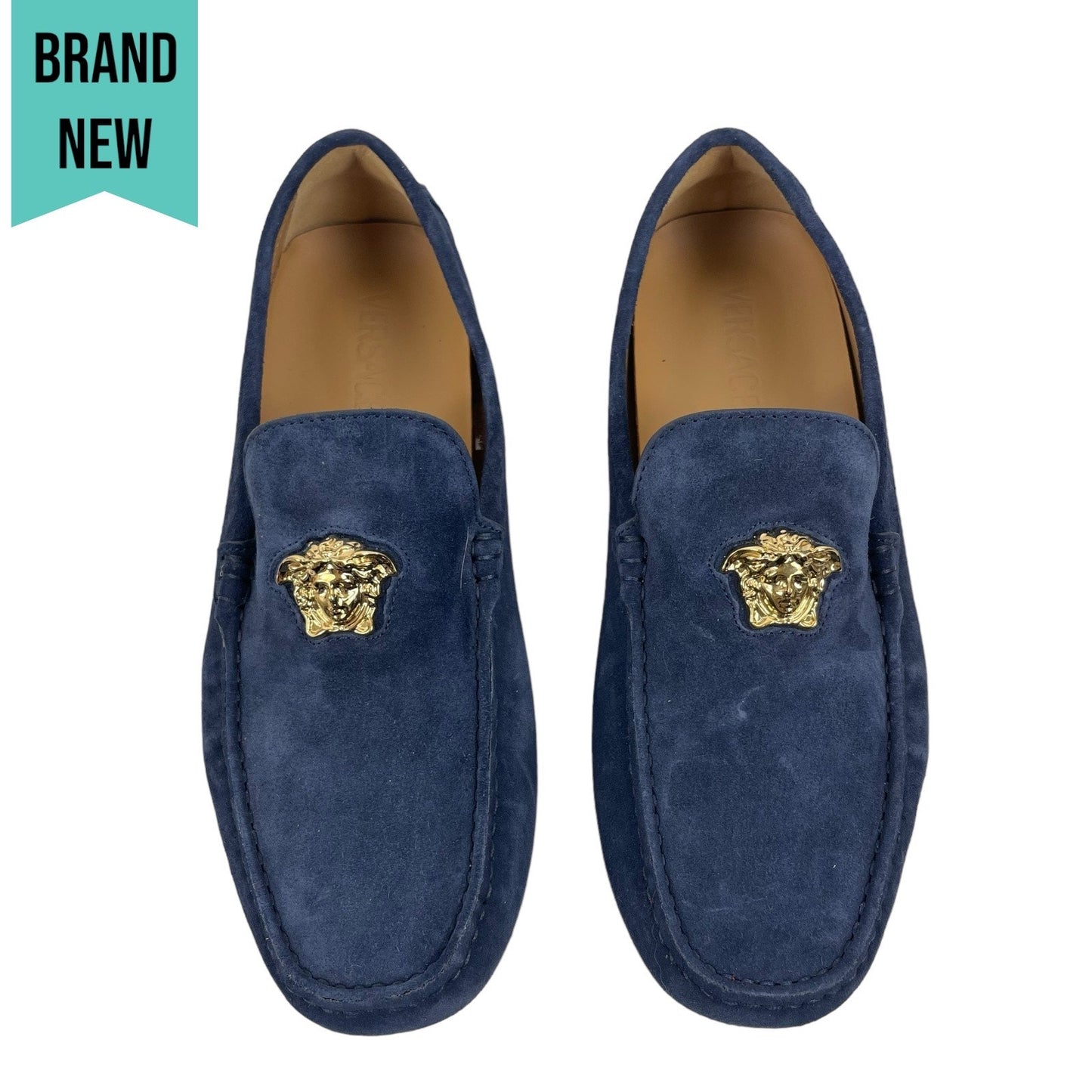 Versace La Medusa Suede Driver Loafers Moccasins Navy Blue Size 42