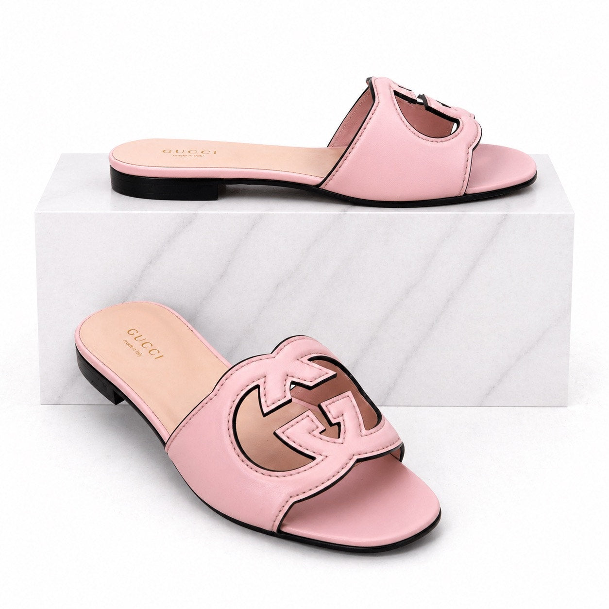 Gucci Interlocking G Cutout Leather Slide Flat Sandal Pink Size 37.5