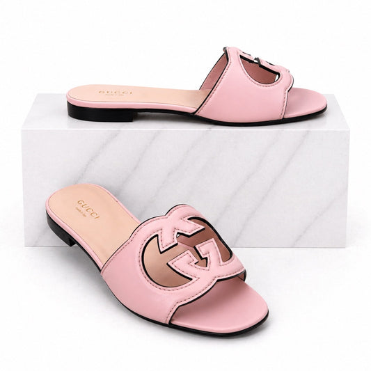 Gucci Interlocking G Cutout Leather Slide Flat Sandal Pink Size 37.5