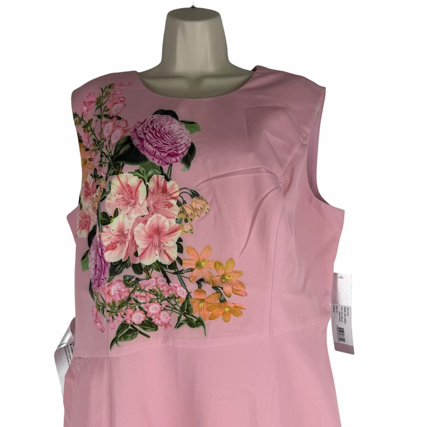 Kay Unger Mabel Midi Dress Floral Print Side Pleats Pink Size 16