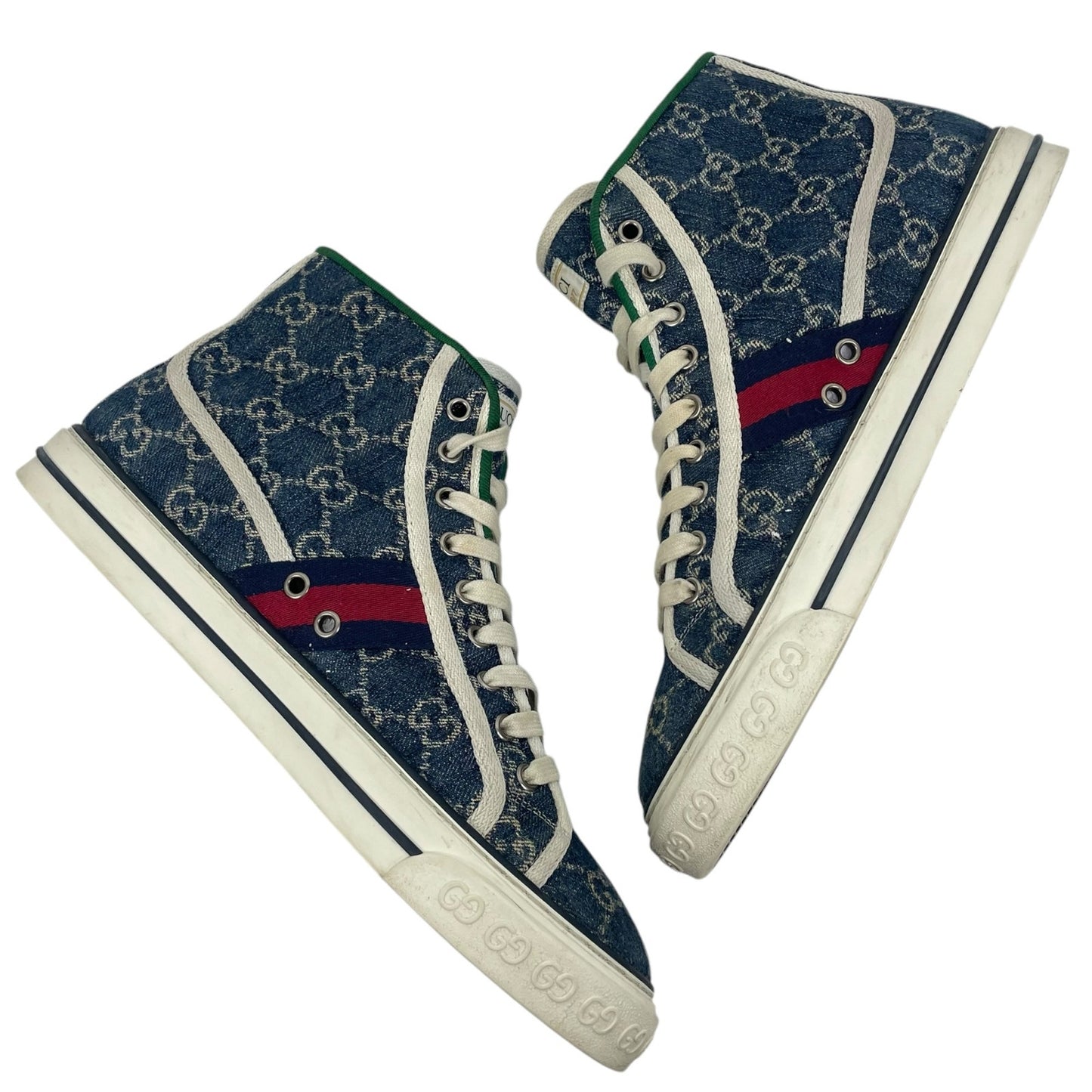 Gucci 1977 Tennis High Top Sneakers GG Monogram Denim Blue Size 8.5/ 9