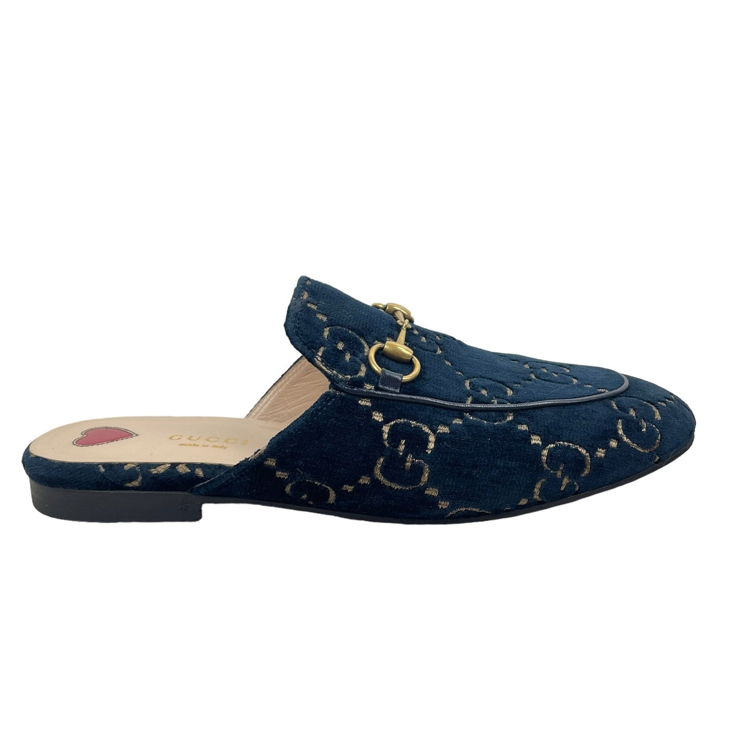 Gucci Princetown Horsebit GG Velvet Slipper Mules Navy Blue Size 38