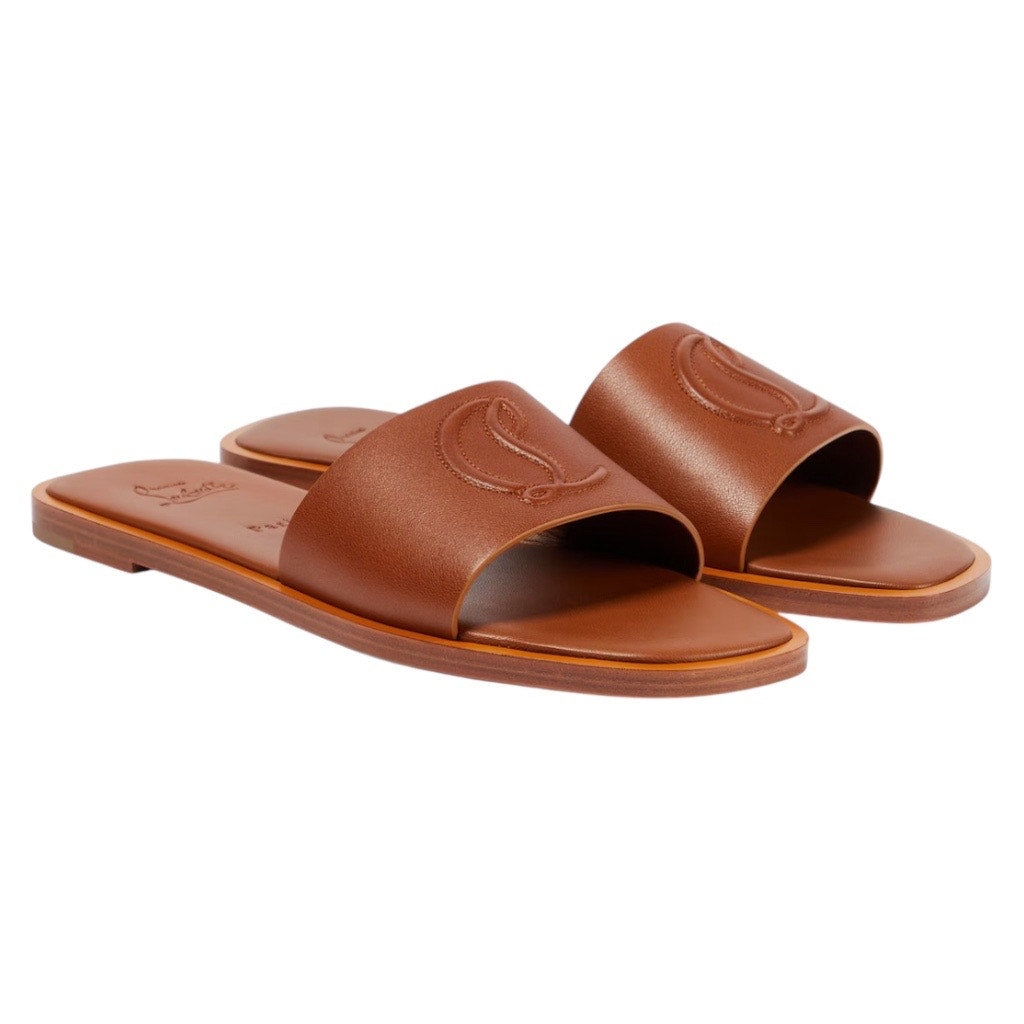 Christian Louboutin CL Mule Leather Flat Slide Sandal Brown Size 40