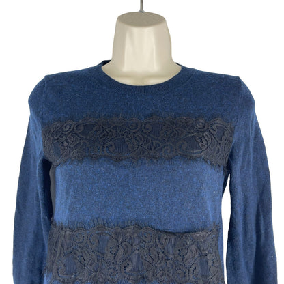 J. Crew Merino Wool Lace Pullover Sweater Crew Neck Blue Size XS