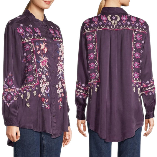 Johnny Was Curacao Floral Embroidered Oversized Tunic Shirt Size XS