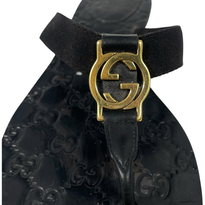 Gucci Interlocking GG Logo Thong Sandal Slide Black Gold Size 41