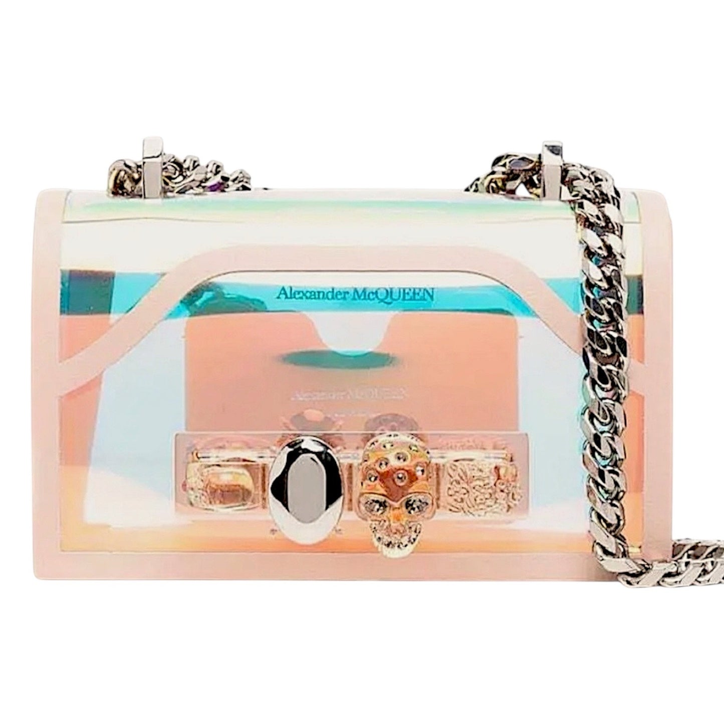 Alexander McQueen Mini Jewelled Crossbody Bag Holographic Pink PVC Leather