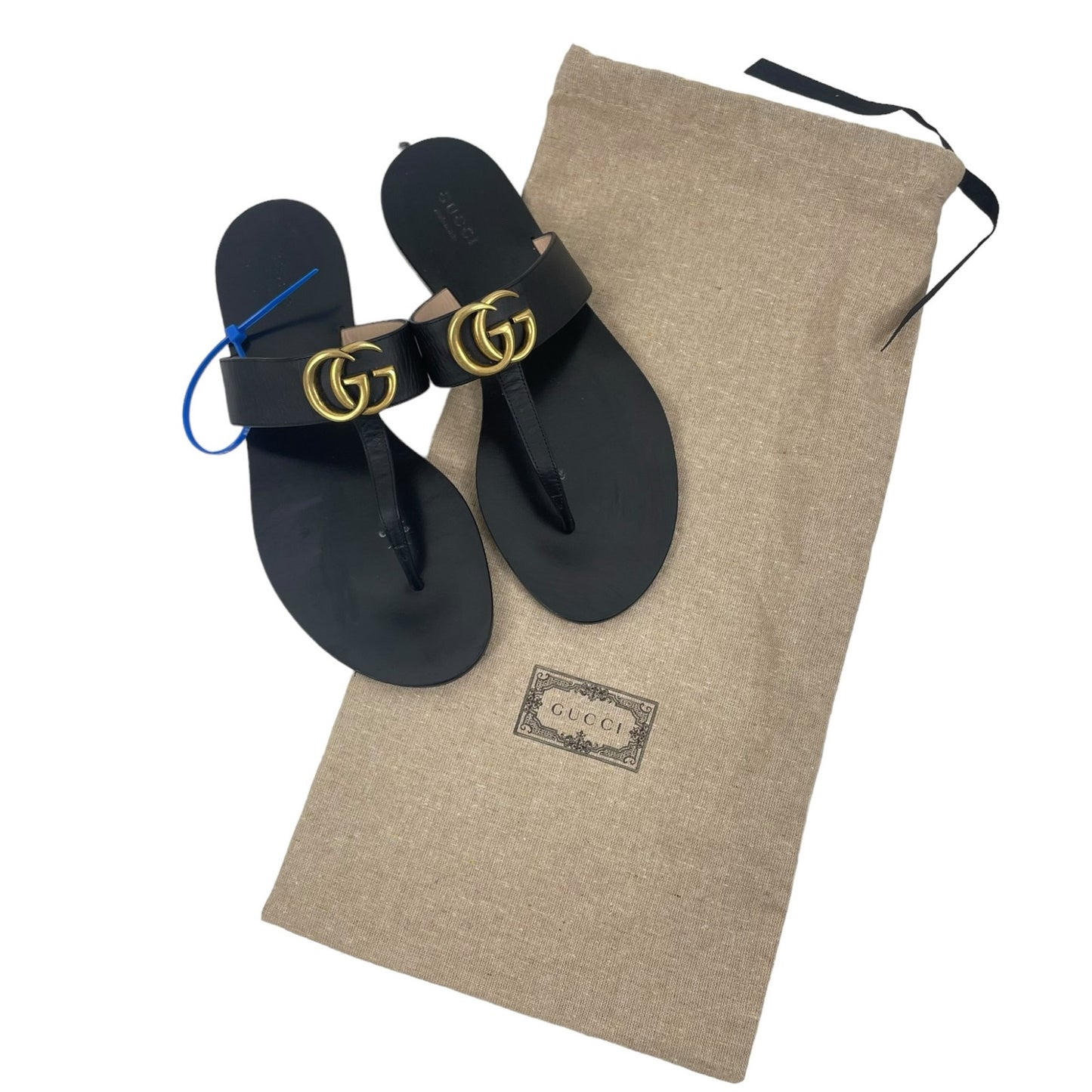 Gucci Leather Thong Sandals with Double G Logo Black Gold Size 37.5