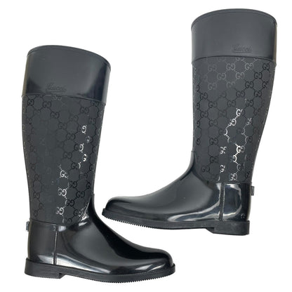 Gucci GG Monogram Rain Boots Rubber Wellington Boots Black Size 37