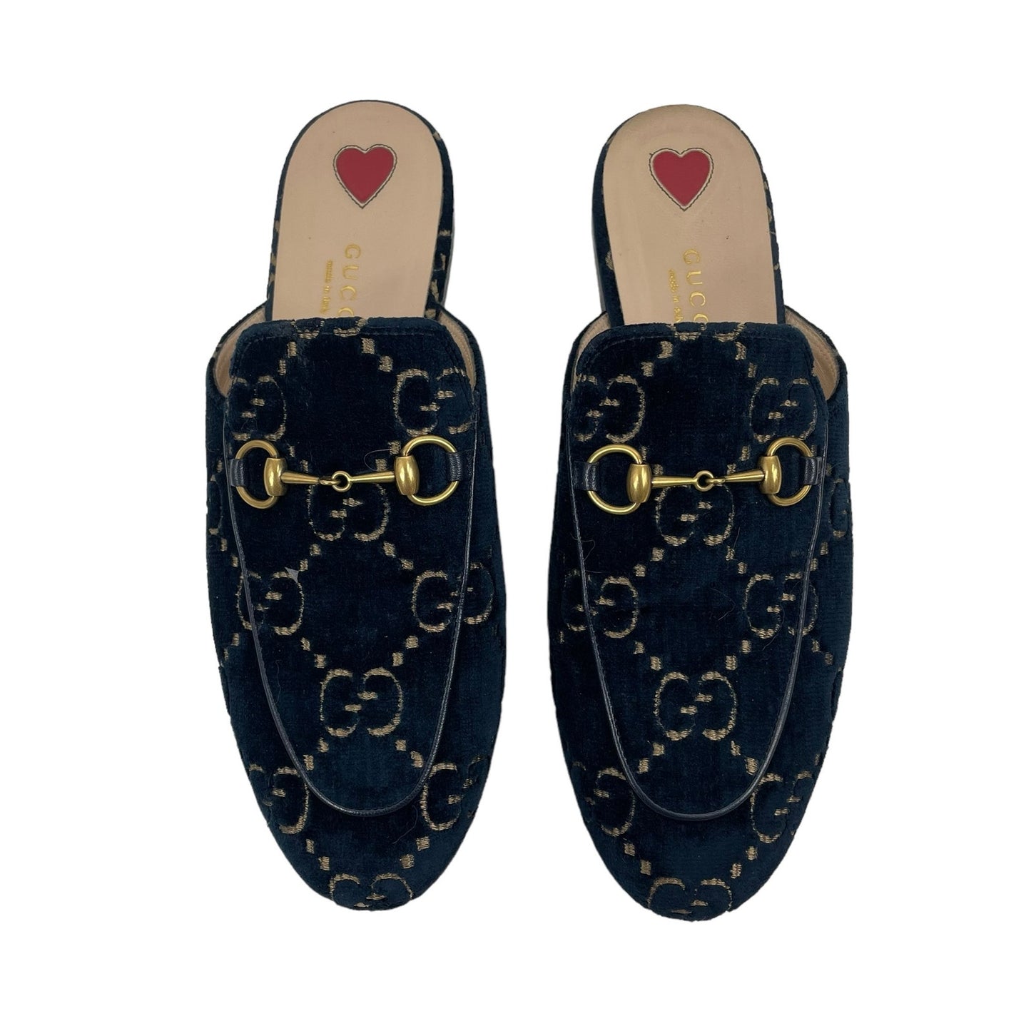 Gucci Princetown Horsebit GG Velvet Slipper Mules Navy Blue Size 38