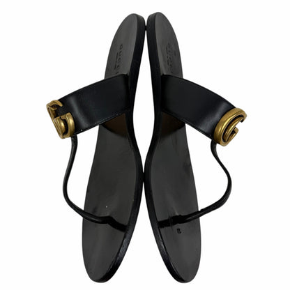 Gucci Black Leather Thong Sandal Gold Double G Logo Size 36.5
