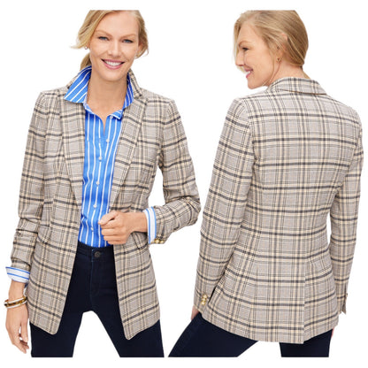 Talbots Long Blazer Jacket Foliage Plaid Navy Beige Size 20WP