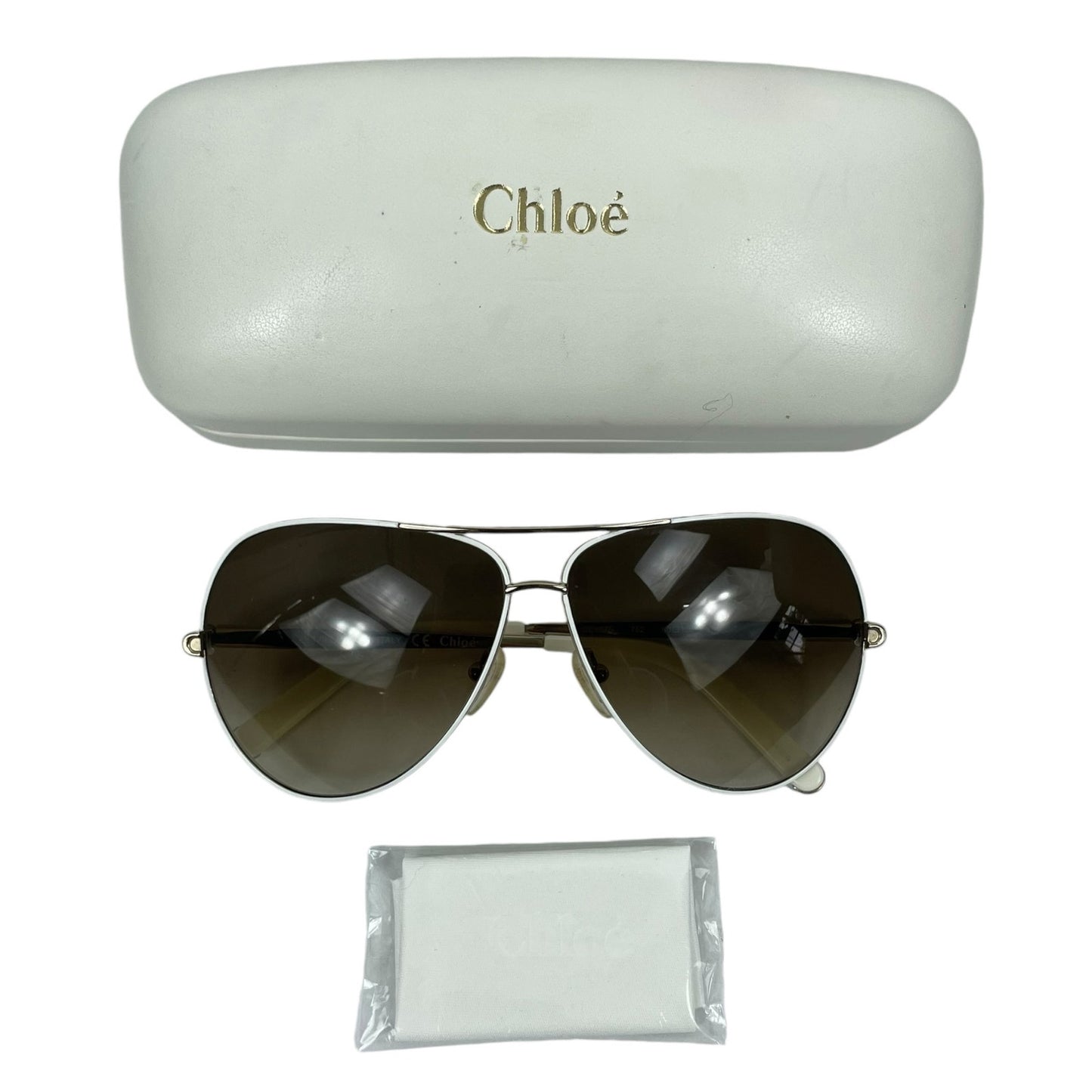 Chloe Oversized Aviator 60mm Sunglasses Metal Frame White Gold with Case