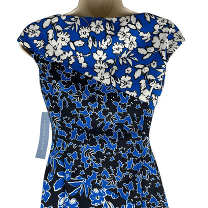 London Times Floral Printed Diagonal Sheath Dress Sleeveless Blue Size 0