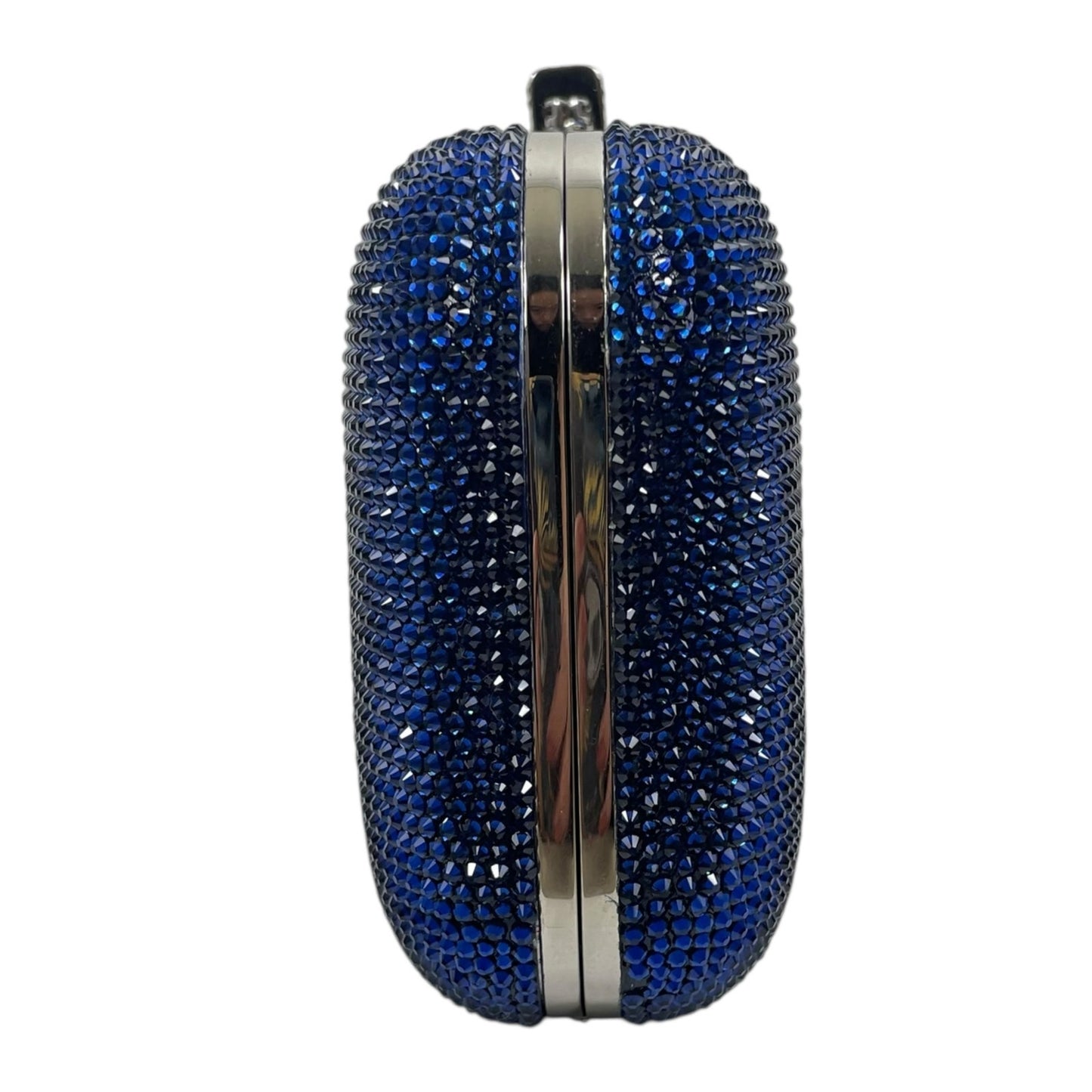 Judith Leiber Crystal Slide Lock Box Minaudiere Clutch Bag Navy Silver