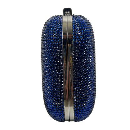 Judith Leiber Crystal Slide Lock Box Minaudiere Clutch Bag Navy Silver