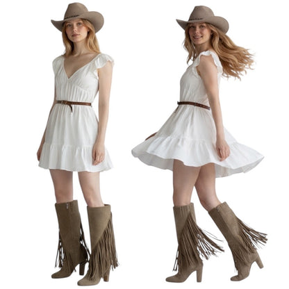 Dolce Vita Giano Fringed Knee High Heeled Boots Olive Suede Size 7.5
