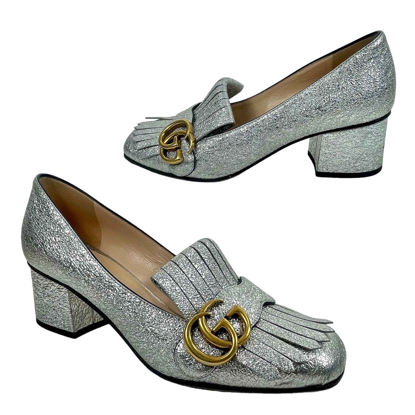 Gucci GG Marmont Pumps Silver Foil Kiltie Logo Low Block Heel Size 36