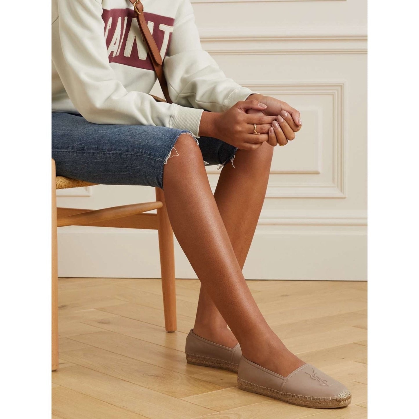 Saint Laurent Logo Monogram Nappa Leather Espadrilles Rose Poudre Size 38