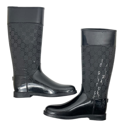 Gucci GG Monogram Rain Boots Rubber Wellington Boots Black Size 37